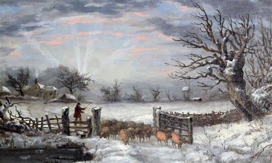 19th C. English School Shepherd and flock in winter, 7.5 x 12in.